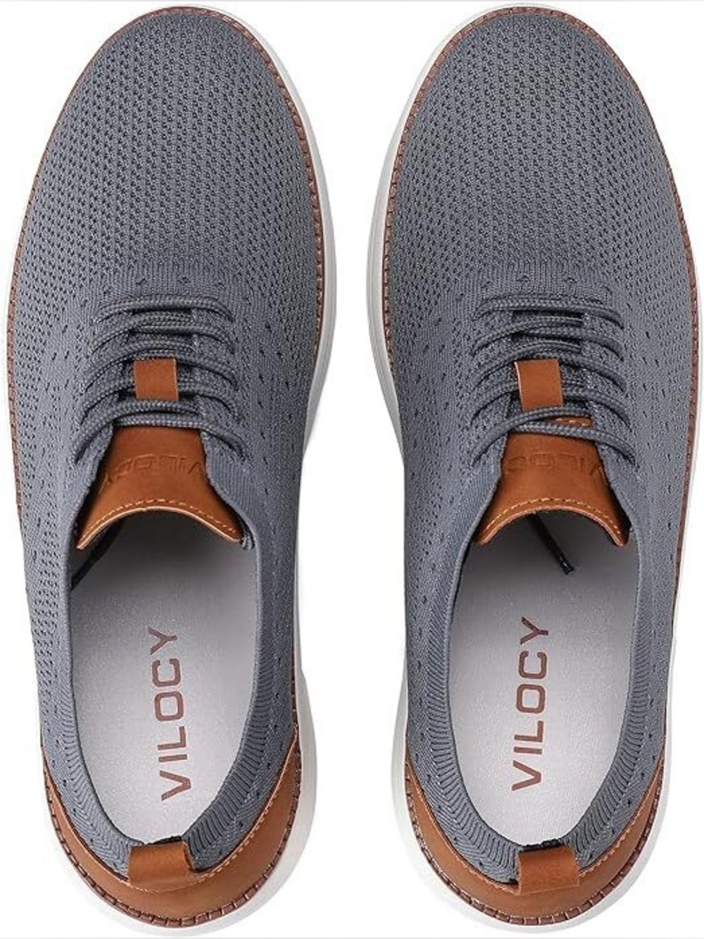 Vilocy Grey Knit Men's Casual Sneakers with Brown Accents - Picture 2 of 6